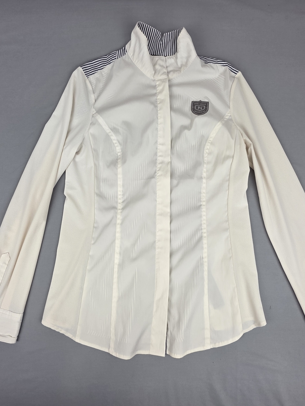 Noel Asmar Show Shirt White Navy Stripe Large Zipper Magnetic Collar Jumpers